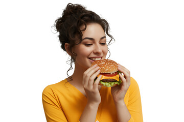 Woman eating burger isolated on transparent background