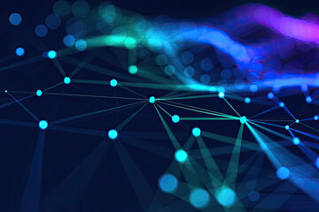 Dynamic network connections with glowing nodes and data streams on a dark blue digital background