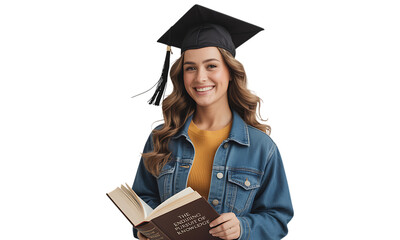 Gorgeous woman wearing graduation hat and holding book isolated on transparent background