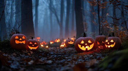 Spooky halloween pumpkins glowing in a dark forest path on a misty autumn night