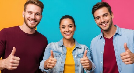 Three diverse friends giving thumbs up and smiling against a colorful background