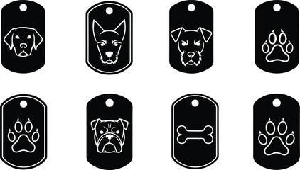  dog tag designs featuring various dog breeds and paw prints in black silhouette, includes labrador, husky, boxer, bulldog, and bone designs for pet identification