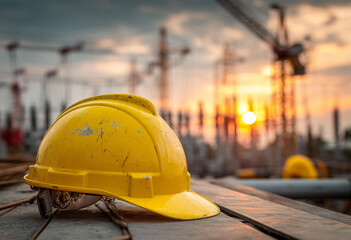 A close-up of a yellow hard hat on a construction site at sunset with the silhouettes of cranes in the background