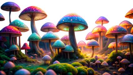 Colorful glowing fantasy mushrooms illustration.