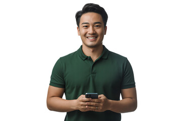 Young man using mobile phone isolated on transparent background