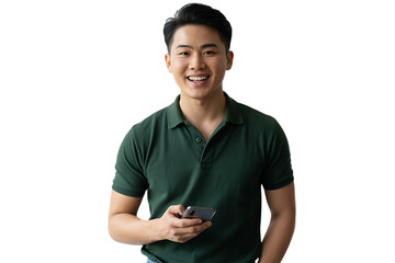 Young man using mobile phone isolated on transparent background