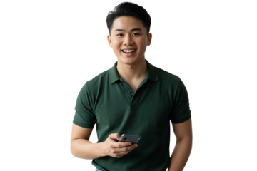 Young man using mobile phone isolated on transparent background