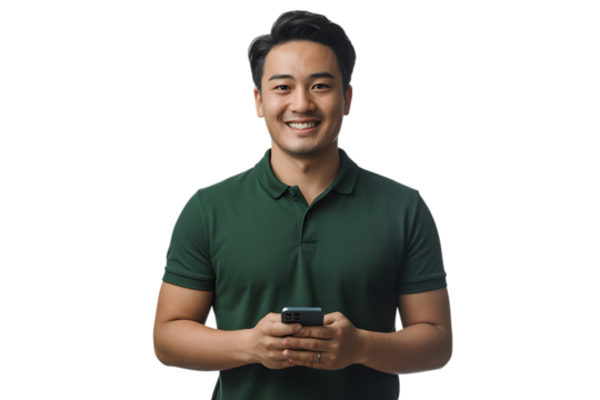 Young man using mobile phone isolated on transparent background