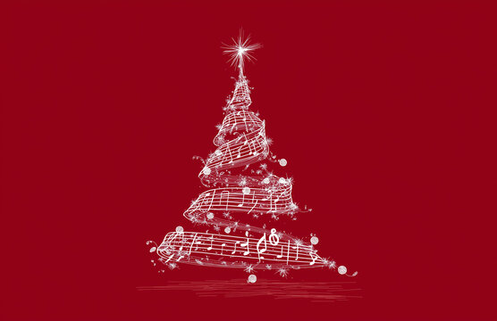 stylized christmas tree made of lights and satars ballons in a white and red color scheme,