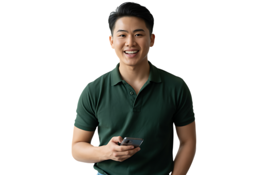 Young man using mobile phone isolated on transparent background - Powered by Adobe
