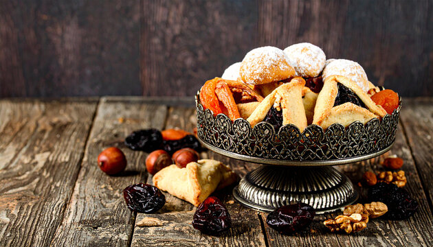 Purim Gift Basket with Hamantaschen and Dried Fruits. Jewish Festival. Generated Image