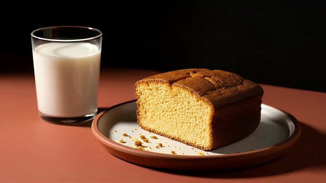 A slice of golden-brown cake on a white plate with crumbs beside a glass of milk on a reddish-brown surface against a dark background