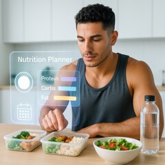 Nutrition planning session individual analyzing meal prep options at home digital interface for macronutrient tracking modern kitchen focused perspective