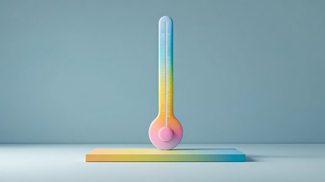 A vibrant rainbow colored thermometer stands tall on a matching gradient base against a soft blue background