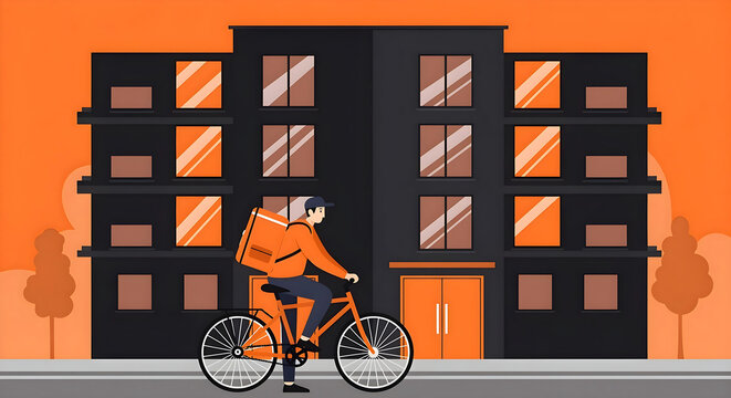 Illustration of a delivery driver on a bike with a large backpack, against a backdrop of a modern building. Delivery service concept