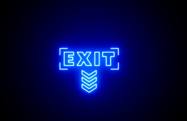 Downside neon glowing blue color emergency exit icon on black background. Man running out, fire exit. Bright Emergency exit sign. Emergency exit. Safety symbol. Escape help evacuation icon