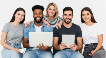 Diverse group of five young adults smiling and holding technology devices isolated on white background