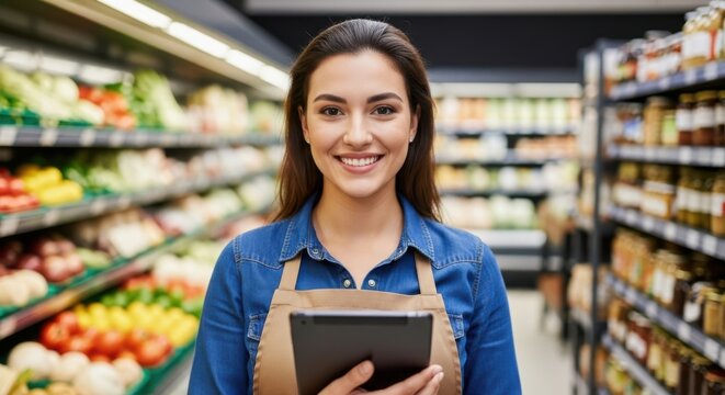 Smiling female grocery store employee holding a tablet in a supermarket aisle
