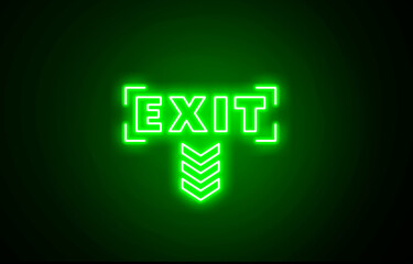 Downside neon glowing green color emergency exit icon on black background. Man running out, fire exit. Bright Emergency exit sign. Emergency exit. Safety symbol. Escape help evacuation icon
