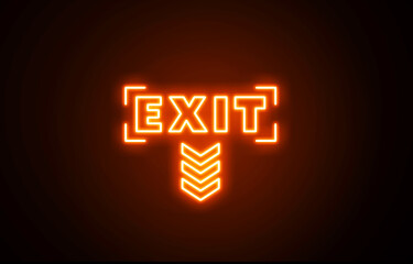 Downside neon glowing orange color emergency exit icon on black background. Man running out, fire exit. Bright Emergency exit sign. Emergency exit. Safety symbol. Escape help evacuation icon © MstBeauty