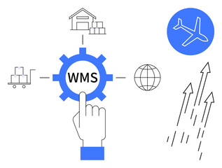 Gear with WMS activated by a hand touch, warehouse, cart, globe, plane, and arrows. Ideal for logistics, supply chain, warehouse operations inventory management shipping global trade business