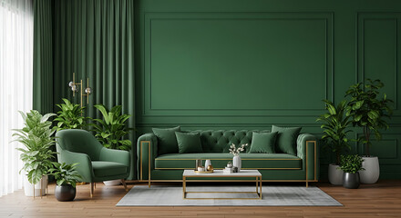 A luxurious green living room featuring a sofa, armchair, plants, and elegant decor, creating a sophisticated and inviting space with natural light and a sense of tranquility