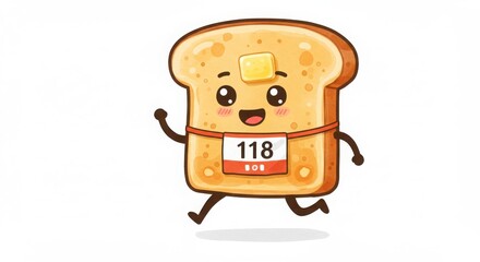 a cute cartoon toast character running with marathon number bib in a whimsical watercolor style illustration for decoration