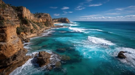 Obraz premium Expansive coastal panorama with rugged cliffs, layered sedimentary rocks,