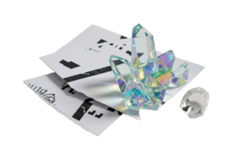 White torn paper with abstract patterns, iridescent shards showing rainbow refractions, clear quartz crystal on transparent, concept of high-end abstract technology