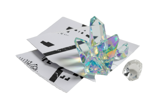 White torn paper with abstract patterns, iridescent shards showing rainbow refractions, clear quartz crystal on transparent, concept of high-end abstract technology