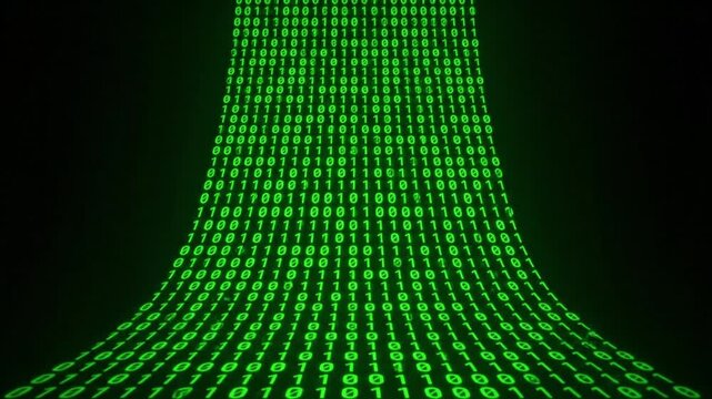 Flowing green binary code streams into darkness, representing data transfer and digital information.