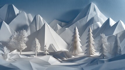 Whimsical papercraft winter landscape with snow covered peaks and delicate trees