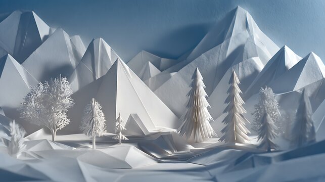 Whimsical papercraft winter landscape with snow covered peaks and delicate trees - Powered by Adobe
