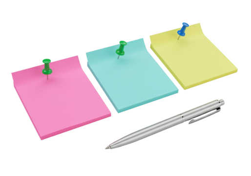 Three distinct blank vibrant sticky notes with contrasting pushpins and a sleek silver pen, fanned on transparent, 45-degree elevated view, shadowless studio light. Concept of office organization