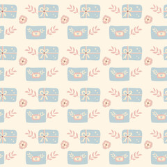 Fototapeta premium Flower pattern with gift, envelope. botanical, natural theme. for decoration. floral background.