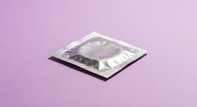 Silver condom package with copy space on lilac background. Safe sex and sexual health banner template concept for awareness of contraception day and prevention of sexually transmitted diseases.