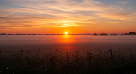 Naklejka premium Sunrise over the field with beautiful colors.