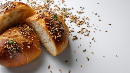 Rustic bread halves surrounded by a sprinkle of seeds, white background, wide dramatic layout with open top.