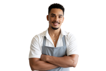 Young man wearing apron isolated on transparent background