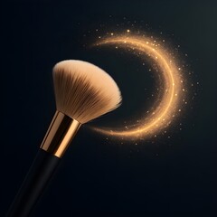A minimal, elegant makeup brush glides through negative space, its soft bristles scattering a luminous digital particle trail that arcs like VFX 