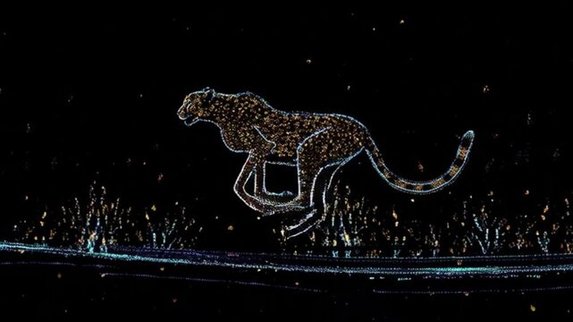 4k Cheetah running neon glitter animation seamless loop background, glowing wild cat sprinting through savannah line art, colorful dynamic animal motion graphic, handmade cartoon style illustration, j