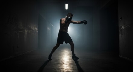 Shadow Boxing in Semi-Dark Corridor ,Boxer Training with Backlight Silhouette, Power, Success and Goal Achievement in Slow Motion