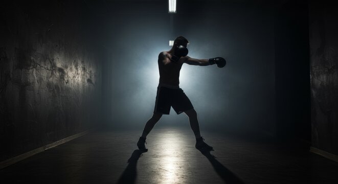 Shadow Boxing in Semi-Dark Corridor ,Boxer Training with Backlight Silhouette, Power, Success and Goal Achievement in Slow Motion