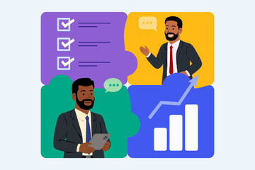 Business Team Discussion and presentation. Vector cartoon illustration in a flat style of business people discussing and presenting in a meeting jigsaw. Isolated from background.