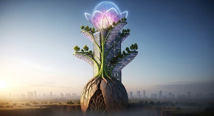 Futuristic ecological architecture with organic design and glowing dome
