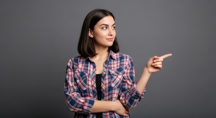 Young woman in plaid shirt pointing to the side with her finger on a gray background