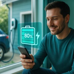 A person checking his EV charging status, showcasing modern technology and sustainable living