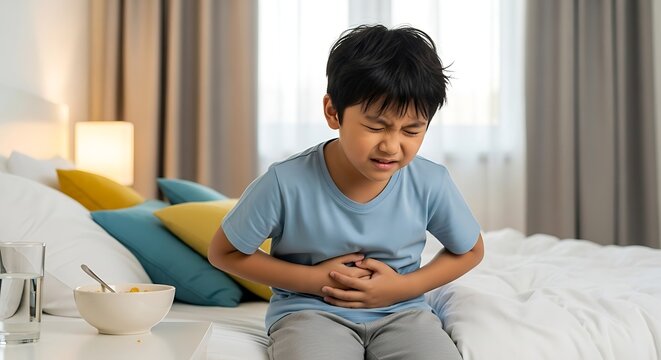 Young Asian boy suffering from stomach ache in bed at home.