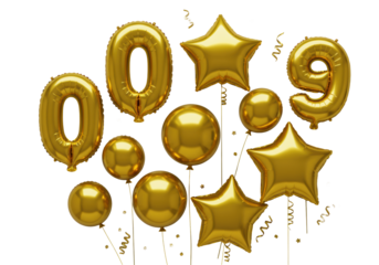 Shiny golden foil balloons (numbers 0-9, sphere, star) meticulously arranged on a seamless transparent background with sparse gold confetti, high-angle studio shot, concept for luxury celebration
