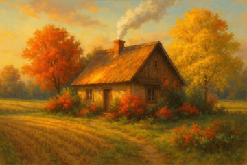 Charming Autumn Cottage Surrounded by Vibrant Foliage and Golden Fields